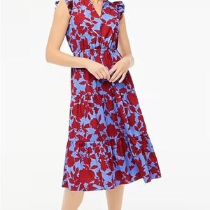 JCrew Ruffle Sleeve Tiered Midi Dress, Bright Burgundy Hydrang, size 4